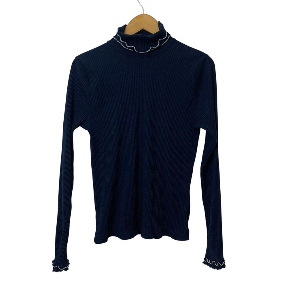 J Crew Womens Sz L Navy Ribbed Turtleneck Contrast Ruffle White Trim Long Sleeve
